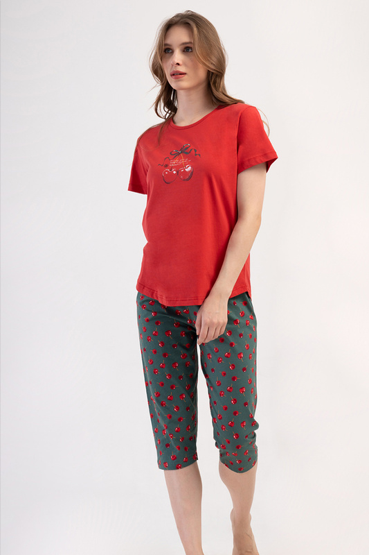 Piżama damska krótki rękaw, 3/4 spodnie PLUS SIZE 4082035185 czerwona Vienetta